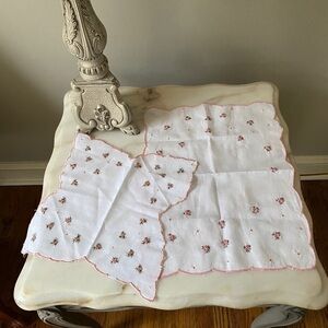 Vintage Small Floral Embroidered Placemat and Napkin. White and pink